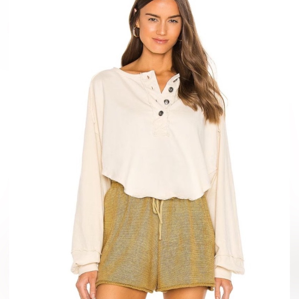 Free People Melodi Henley Top Long Sleeve Pullover We the Free Beige Size Medium